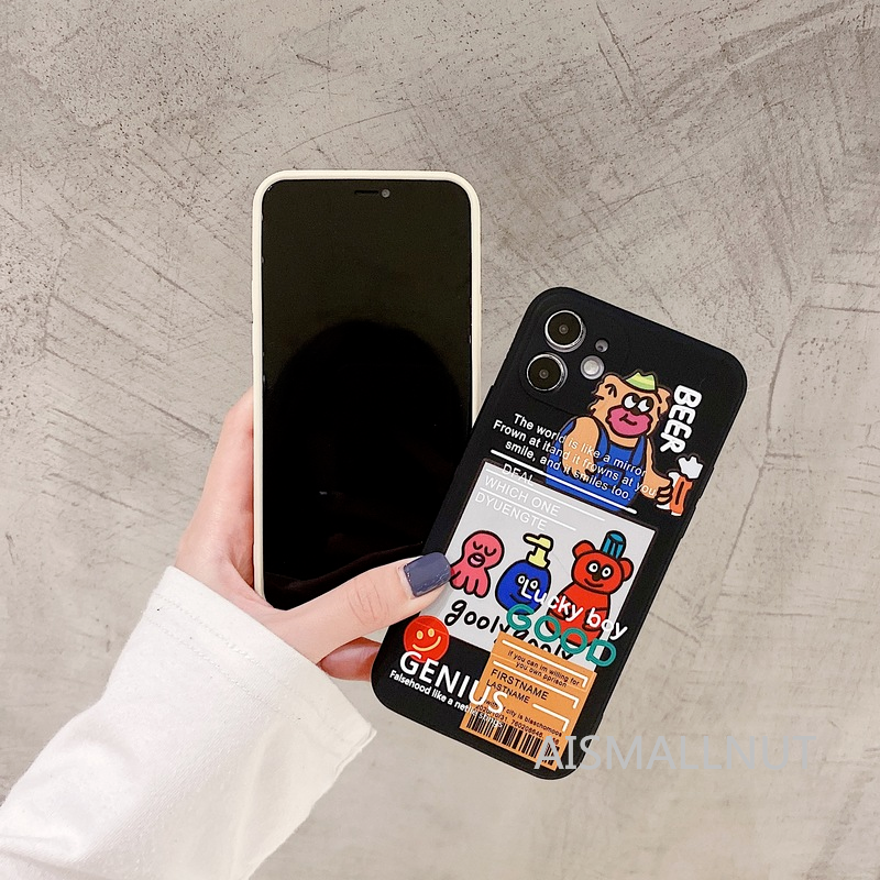 iPhone Case Casing Funny cartoon bear Straight edge Liquid Silica iPhone6 6s 7 8 Plus X XS XR XSMAX 11 12 Anti-fall Lens Protection Soft Case Cover AISMALLNUT