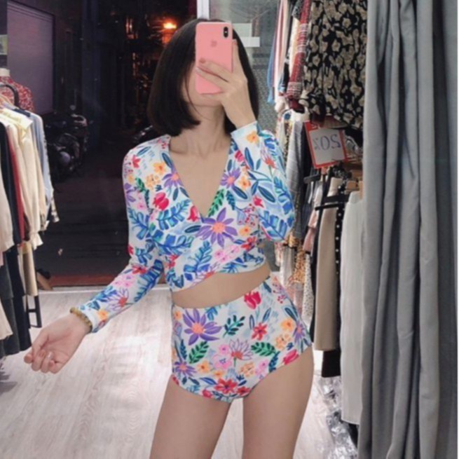 Bikini áo tắm 2 mảnh dài tay buộc dây lưng họa tiết (Ảnh thật)