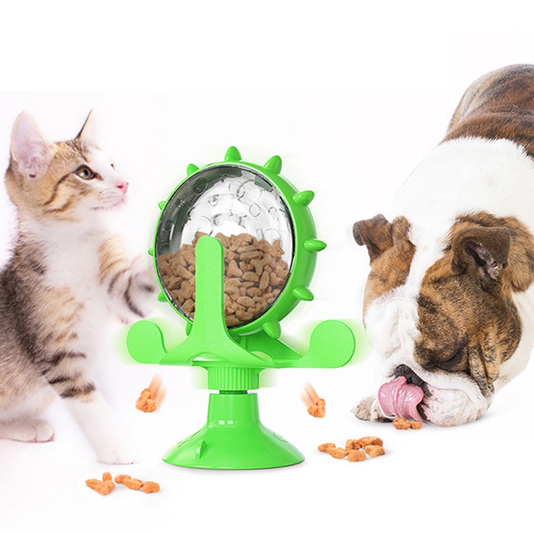 Đồ chơi cối xoay gió chứa đồ ăn khô có chuông dành cho chó mèo - màu xanh dương và xanh lá
