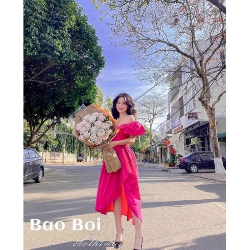 Đầm hồng trễ vai bèo tà xéo