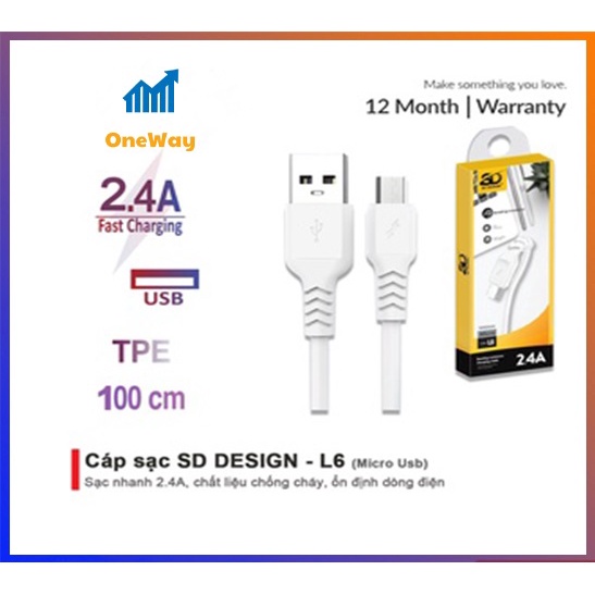 Cáp Sạc Micro Usb L6 chính hãng - sạc ổn định, chất liệu cao cấp, dùng cho samsung, oppo bảo hành 1 đổi 1