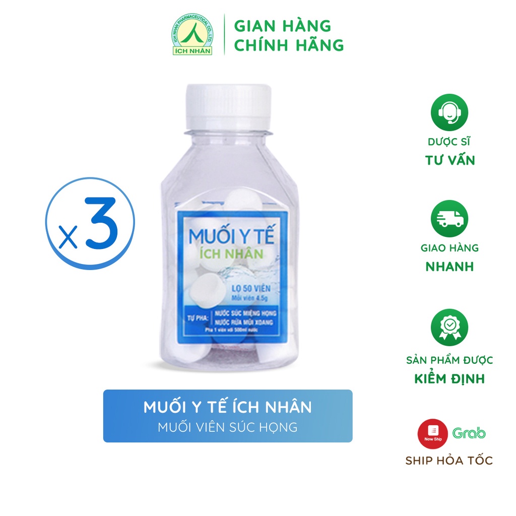 Combo 3 lọ viên muối Ích Nhân giúp làm sạch, loại bỏ vi khuẩn mũi họng, đường hô hấp dùng cho cả gia đình lọ 50 viên