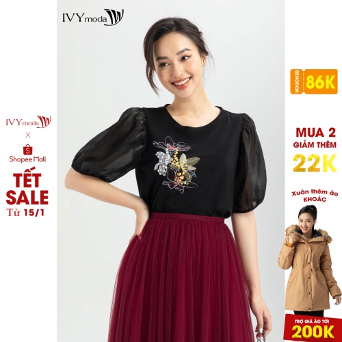 Áo thun tay phối oganza nữ IVY moda MS 57M6272