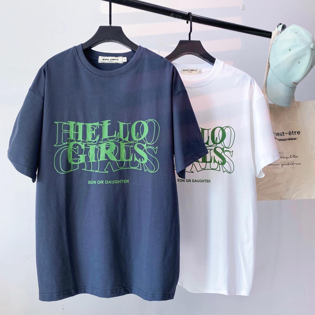 Áo phông HELLO GIRLS tay lỡ Nam Nữ Unisex form rộng màu trắng - áo thun in chữ thoáng mát GIDI