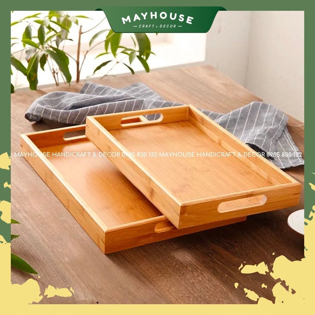 Khay Tre Đãi Trà, Khay Tre Chữ Nhật Có Tay Cầm, XƯỞNG MAYHOUSE, Giá Tốt, Khay Trà, Khay Trái Cây, Khay Decor Đẹp