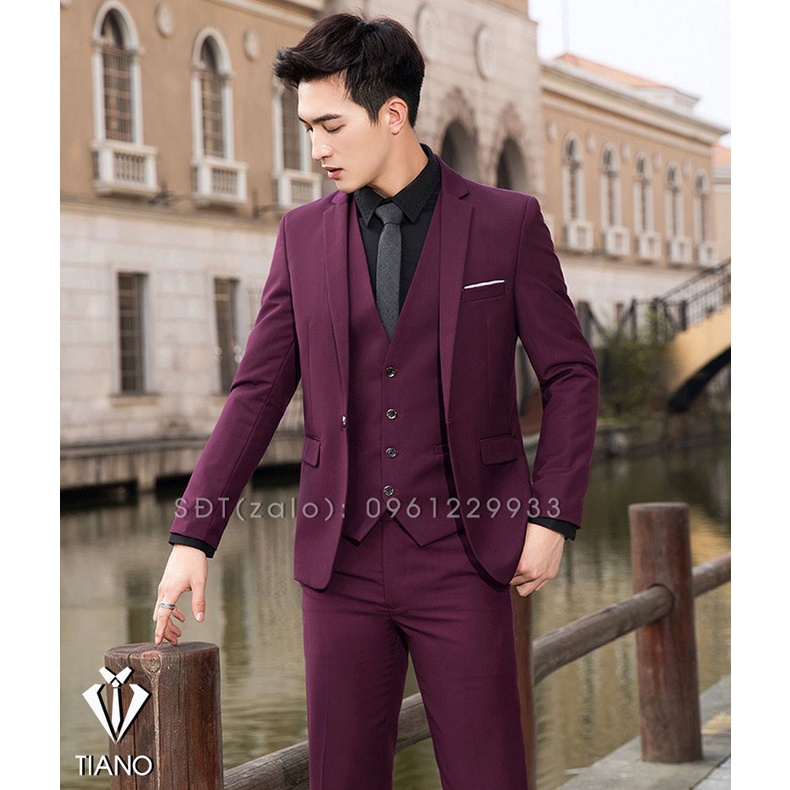 Bộ Vest nam form ôm body 1 cúc màu ĐỎ ĐÔ chất vải dày mịn co giãn nhẹ, form ôm đẹp. Suit Nam Cao Cấp - TIANO STORE
