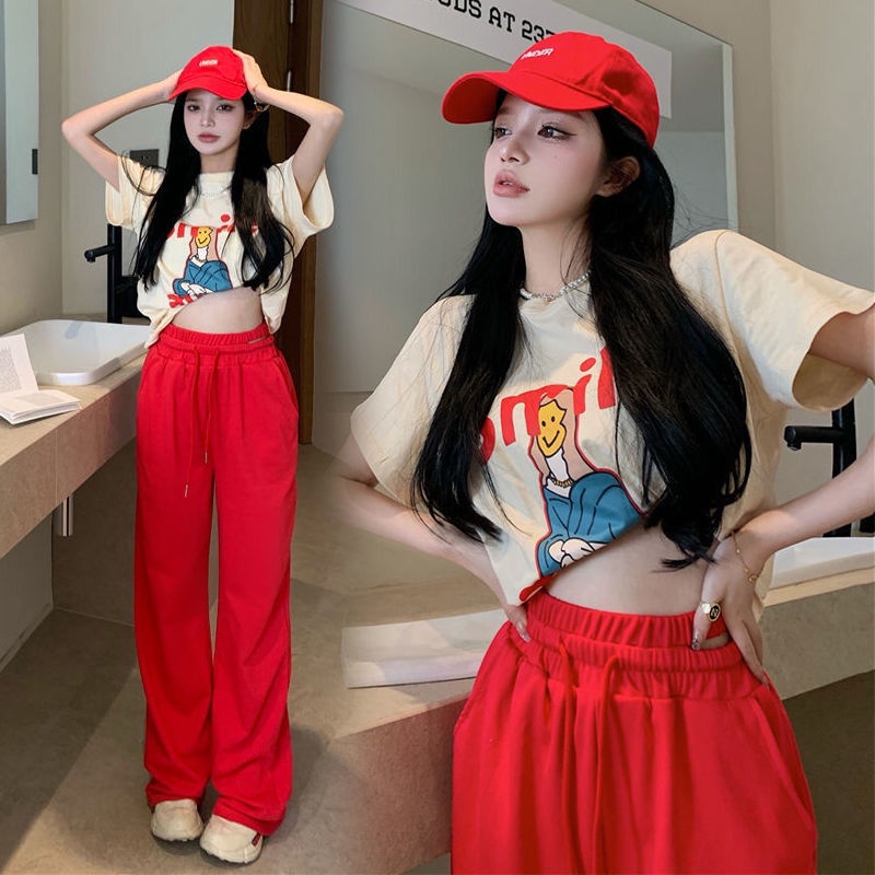 Set Áo Thun Tay Ngắn In Họa Tiết + Quần Ống Rộng Năng Động Hợp Thời Trang