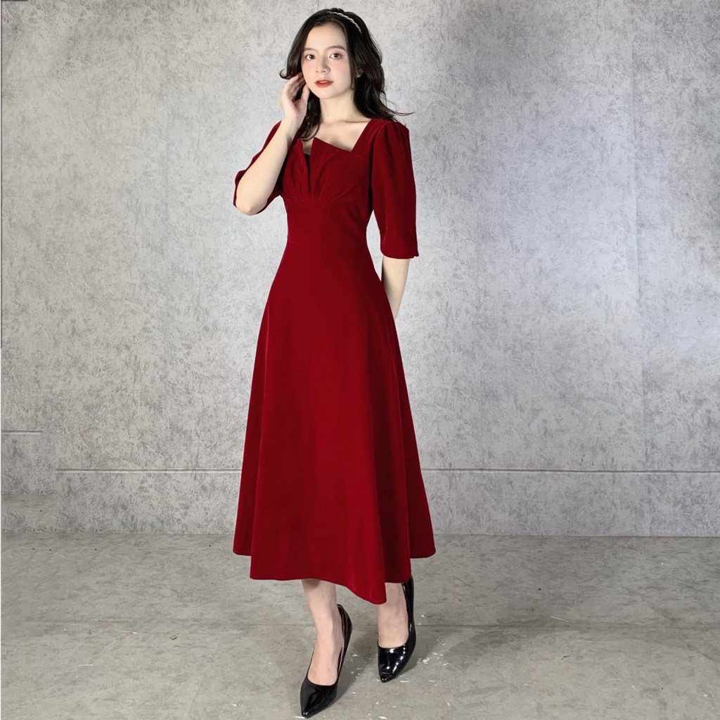 Váy Nhung Xoè đi tiệc, đi chơi Xẻ Ngực-Váy Bó Eo Cổ Vuông  video ảnh thật ulzzangstyle