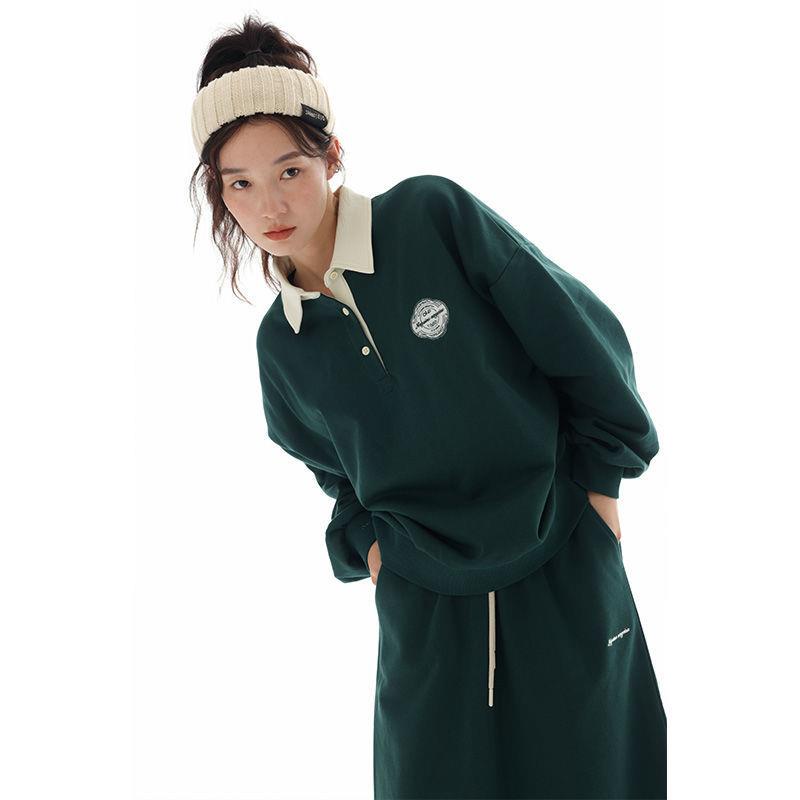 Bộ Áo Sweater Cổ Bẻ Thêu Họa Tiết Màu Sắc Tương Phản Phong Cách Hàn Quốc Thời Trang Mùa Thu Mới