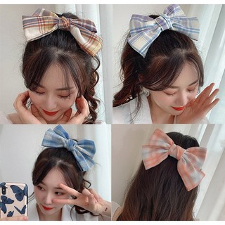 Kẹp tóc nơ vải bản to họa tiết caro phong cách tiểu thư hàn quốc