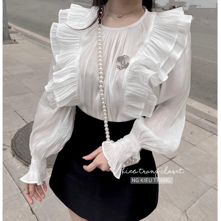Áo sơ mi cổ trụ bèo lụa óng tay nhún bo