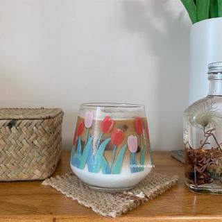 Ly Thủy Tinh Uống Rượu Hình Hoa Tulip Vẽ Tay Kiểu Hàn Quốc