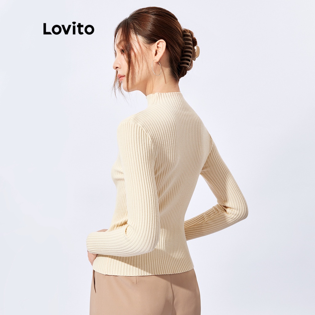 Áo sweater Lovito dệt kim thoáng khí mềm mịn cổ cao tay dài màu trơn phong cách thường ngày L32FW077 (màu mơ)