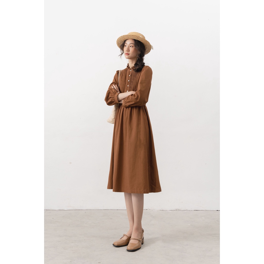 Váy liền dài tay vintage cổ nhún bèo nâu MADELEN