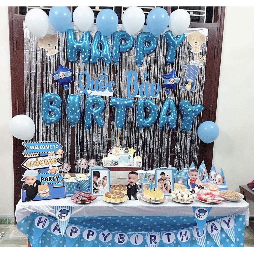 Combo Trang Trí Tiệc Sinh Nhật 2 Rèm Kim Tuyến, Bóng Chữ Happy Birthday và 50 bong bóng tròn+ bóng sao +bơm keo