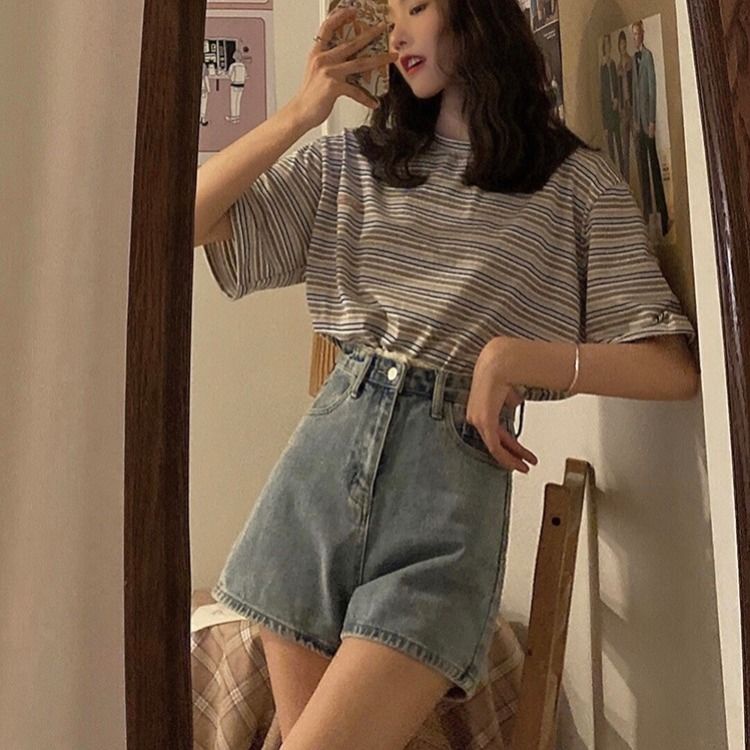 COZOK Quần Short denim Dáng Rộng Viền Ren Phong Cách Hàn Quốc