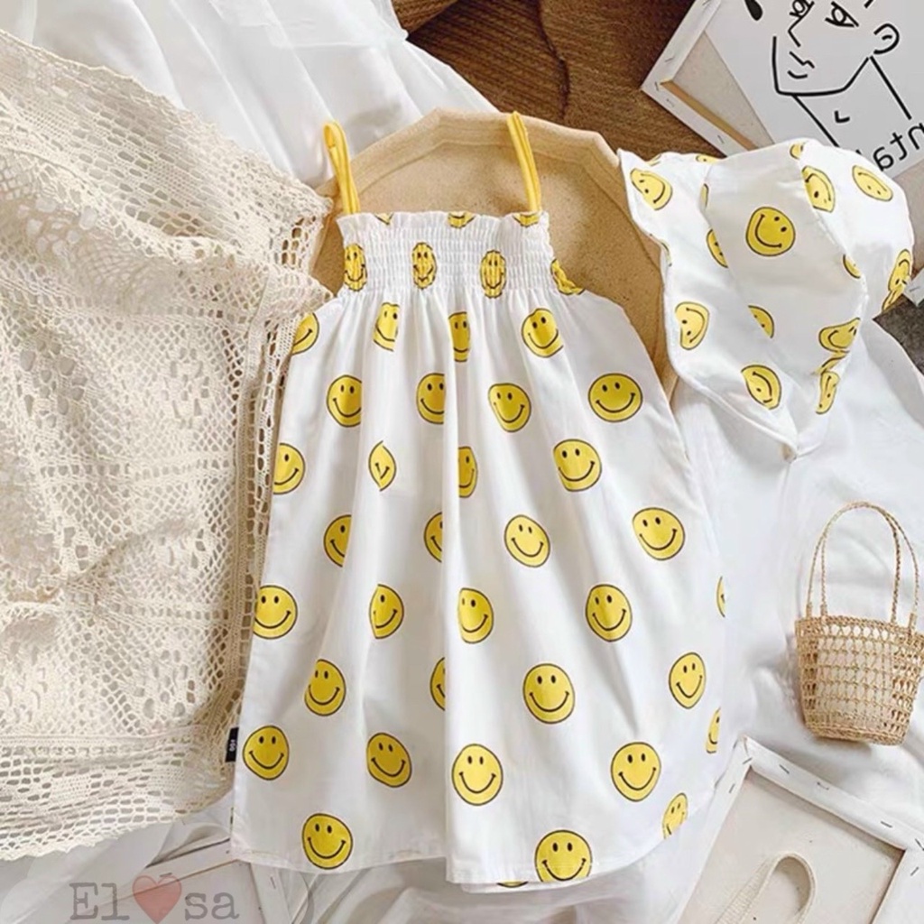 Váy 2 dây ICON mặt cười vàng kèm mũ siêu xinh cho bé 8-18kg