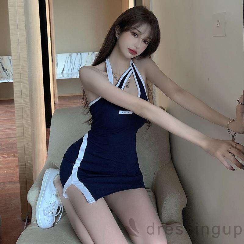 Đầm ôm cổ yếm hở lưng màu sắc thời trang mùa hè cho nữ