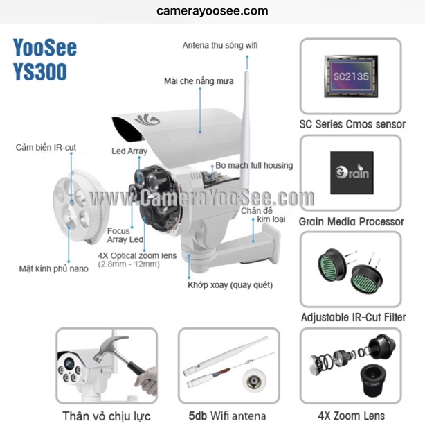 Camera Yoosee YS300 tự động lấy nét, zoom quang 4x, quay quét