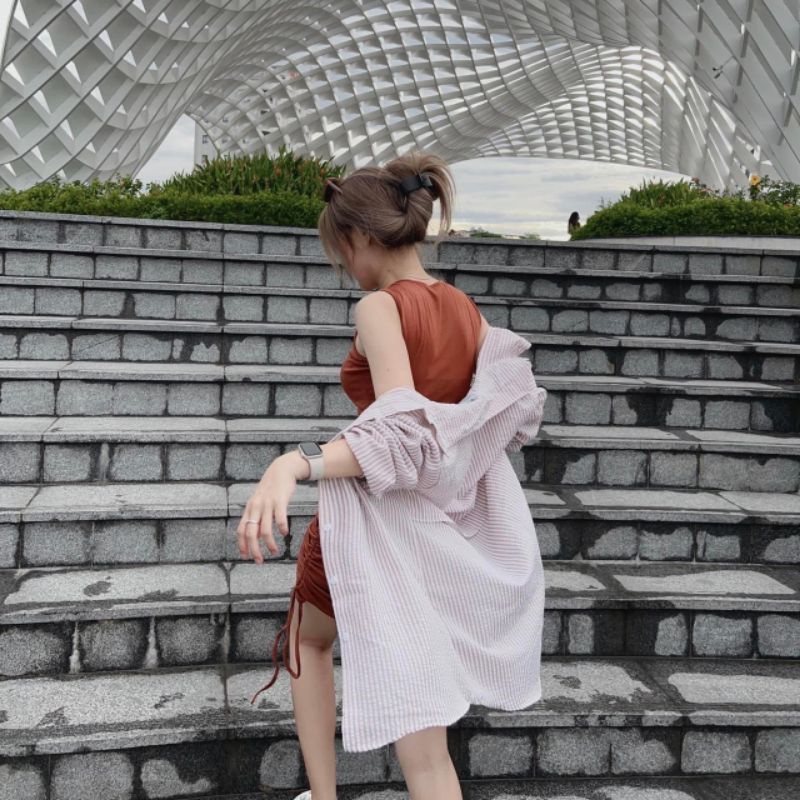 Set Đồ Nữ Ms.1586 Đầm Body Rút Hông Tay Sát Nách Chất Zip Phối Áo Khoác Sơ Mi Cắt Lưng Chất Thô Lụa