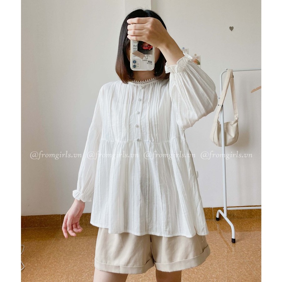 Áo babydoll dài tay xếp ly ngực cúc bọc tay chun vintage - BBD05FG BROWN