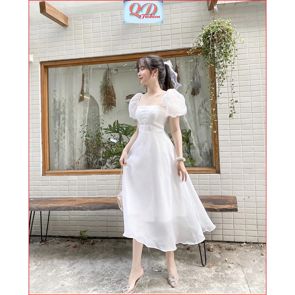 Đầm dự tiệc dáng xòe tay phồng cổ vuông phối nút ngực chất voon tơ QD MT008