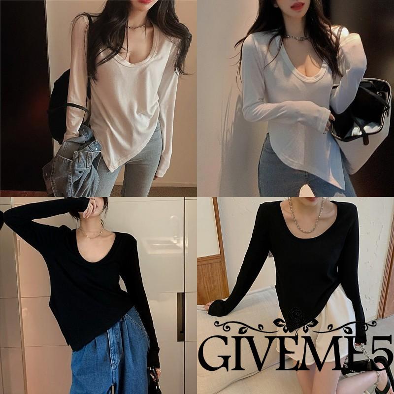 Giveme Áo Thun Nữ Tay Dài Cổ Tròn Màu Sắc Đơn Giản