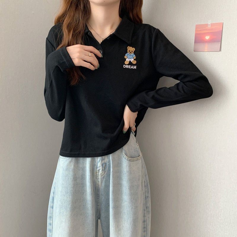 Áo polo Tay Dài Dáng Rộng Thêu Hình Gấu Dễ Thương JL-TX-540