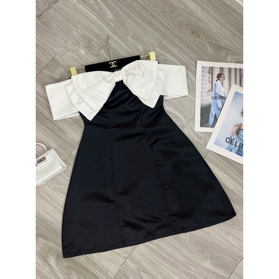 đầm tapa chữ A kiểu bệt vai nơ hot hit