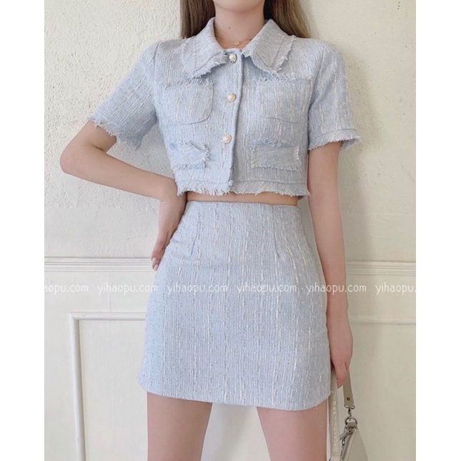Set bố croptop xanh + Chân váy chữ A