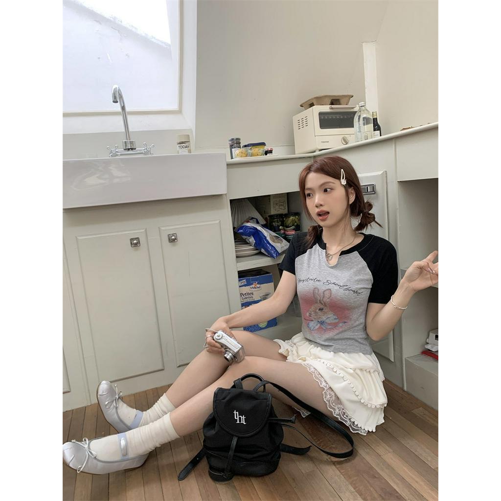 Áo Thun Dáng Ôm Ngắn Tay In Hình Thỏ Màu Sắc Tương Phản Thời Trang Cá Tính 6349