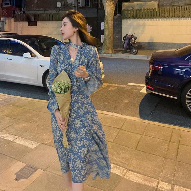 Đầm tay dài cổ chữ V dáng ôm in hoa thời trang mùa thu thanh lịch cho nữ