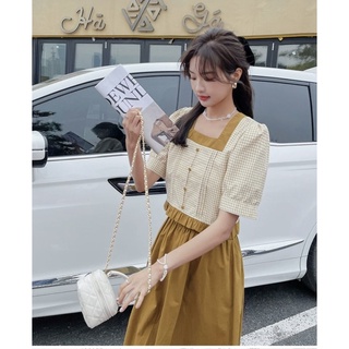 Set váy midi áo kẻ viền bèo