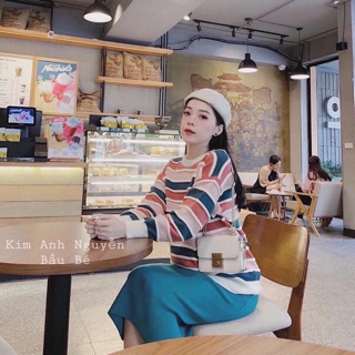 Set áo kẻ chân váy len xanh