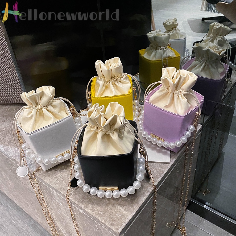 Túi đeo chéo da PU hình hộp vuông mini dây rút phối dây ngọc trai thời trang cho nữ
