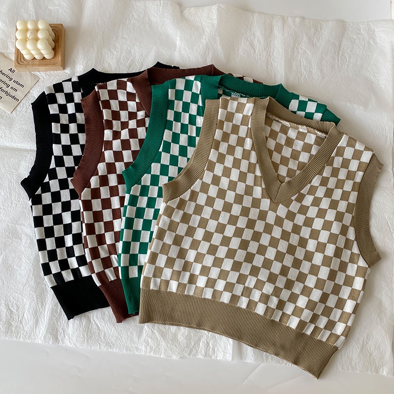 Áo len cổ chữ v không tay họa tiết sọc caro thời trang nữ