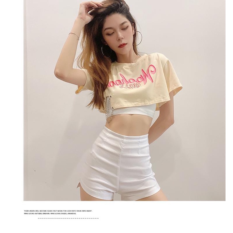 Bộ Áo Thun Croptop Ngắn Tay Và Quần Dài In Chữ Phong Cách Hàn Quốc Cá Tính Cho Nữ