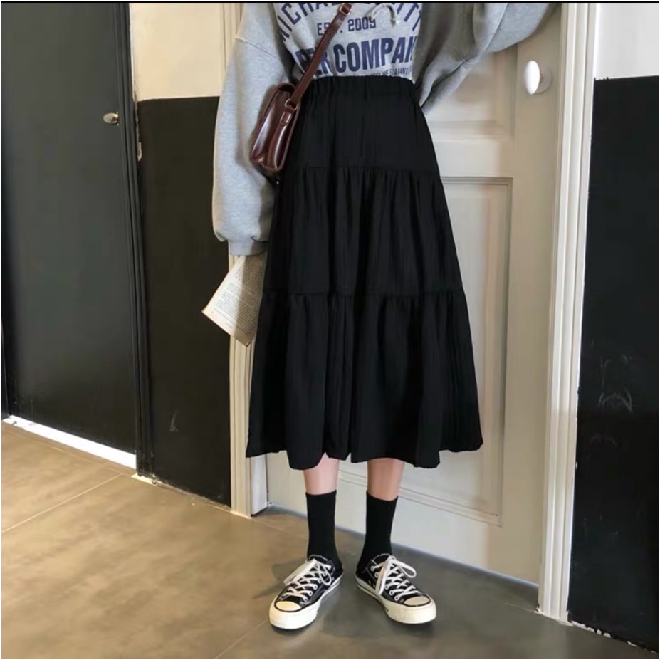 Chân váy dài qua gối chất đẹp nhất ngành - chân váy midi 3 tầng chất voan mềm đẹp, phong cách Ulzzang