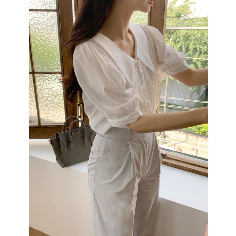Áo sơ mi tay phồng cột dây phong cách Hàn Quốc dễ thương cho nữ 44028