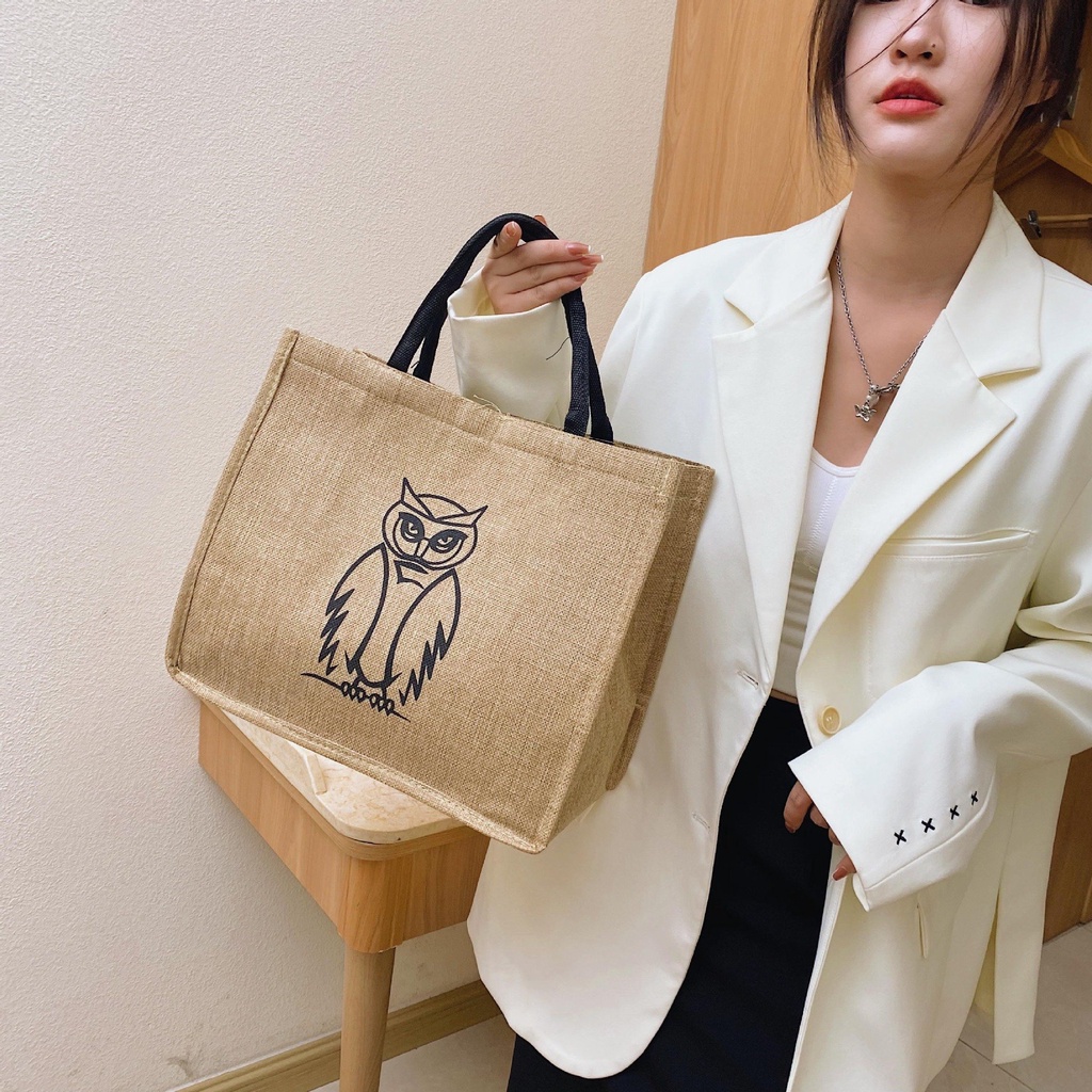 Túi cói họa tiết cú dễ thương phong cách đi biển