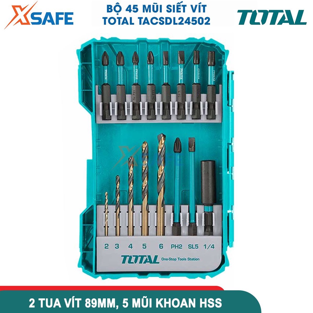 Bộ 45 mũi siết vít TOTAL TACSDL24502 gồm đầu vít, đầu chuyển đổi, mũi khoan HSS và đai ốc từ tính - chính hãng