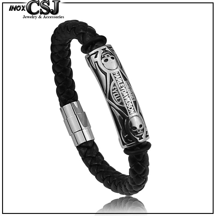 vòng tay da xịn khóa inox vip kiểu đầu lâu siêu ngầu - 03 mẫu