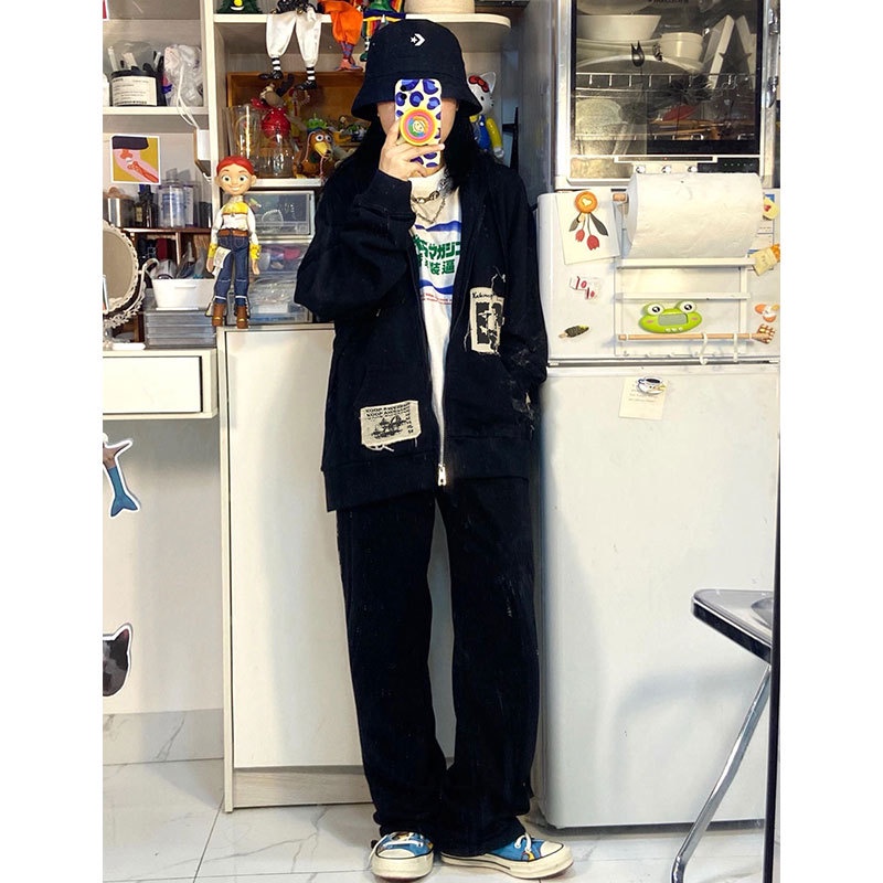 Áo khoác hoodie khóa kéo in hình graffiti đường phố bụi thời trang mùa thu cho nữ y2k