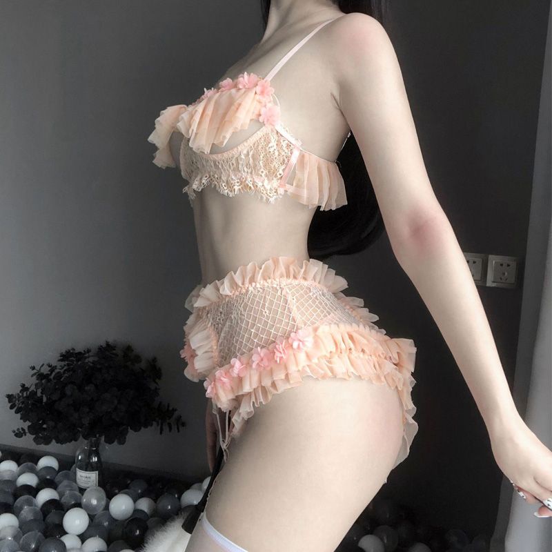 Set nội y cao cấp cam hồng ren nhún sexy - bộ đồ lót gợi cảm kèm kẹp nịt tất choker đùi