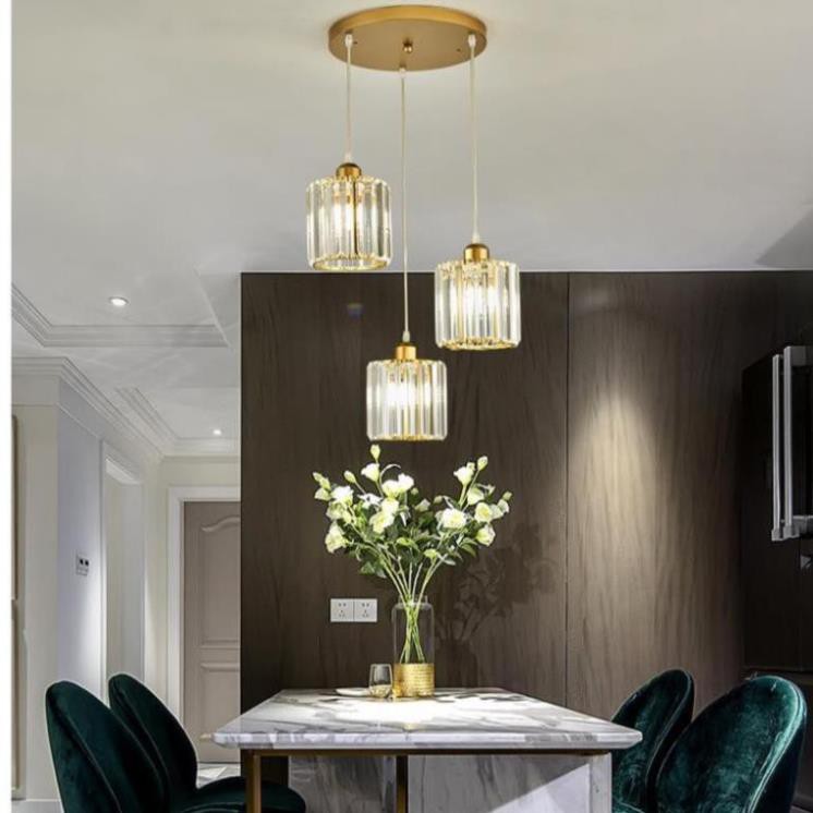 Đèn Thả Trần - Đèn Thả Bàn Ăn BỘ 3 chao vàng Pha Lê Trang Trí Hiện Đại - kèm bóng LED và đế ốp trần-bảo hành 1 năm