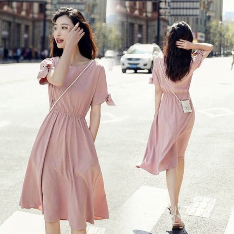 Đầm Tay Lửng Ôm Eo Màu Trơn Phong Cách Hàn Quốc Đơn Giản Dễ Phối Đồ Cho Nữ