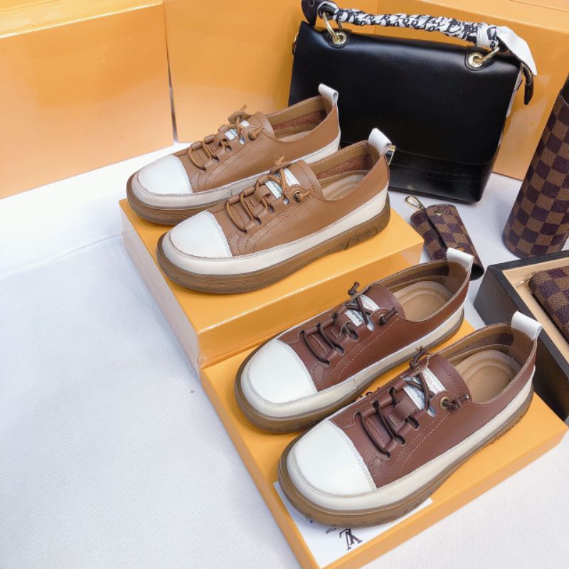 t Giày Thể Thao Nữ Nâu Giày Da Thật Dây Lười Mềm Êm Fullbox Cao Cấp