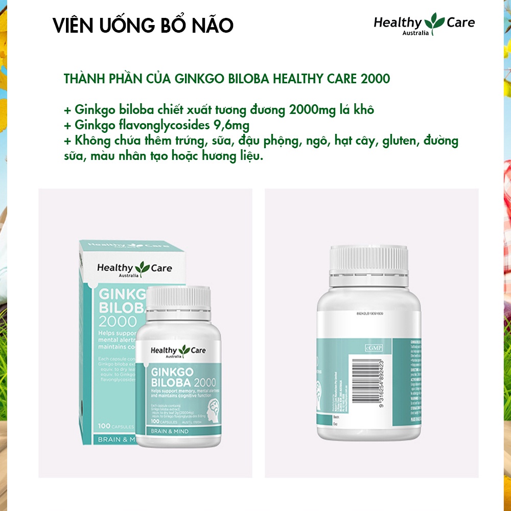 Thực phẩm chức năng Bổ não Ginkgo Biloba 2000 Healthy Care chính hãng Úc giúp tăng cường tuần hoàn não 100 viên