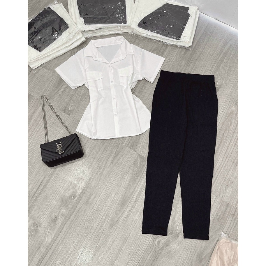 set xinh áo sơ mi nắp túi tay ngắn quần legging đen dài