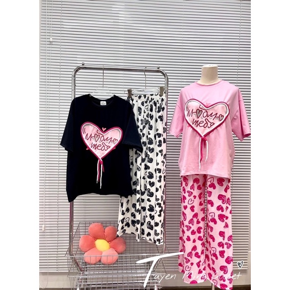 Set áo trái tim phối dây nơ quần suông gân A5